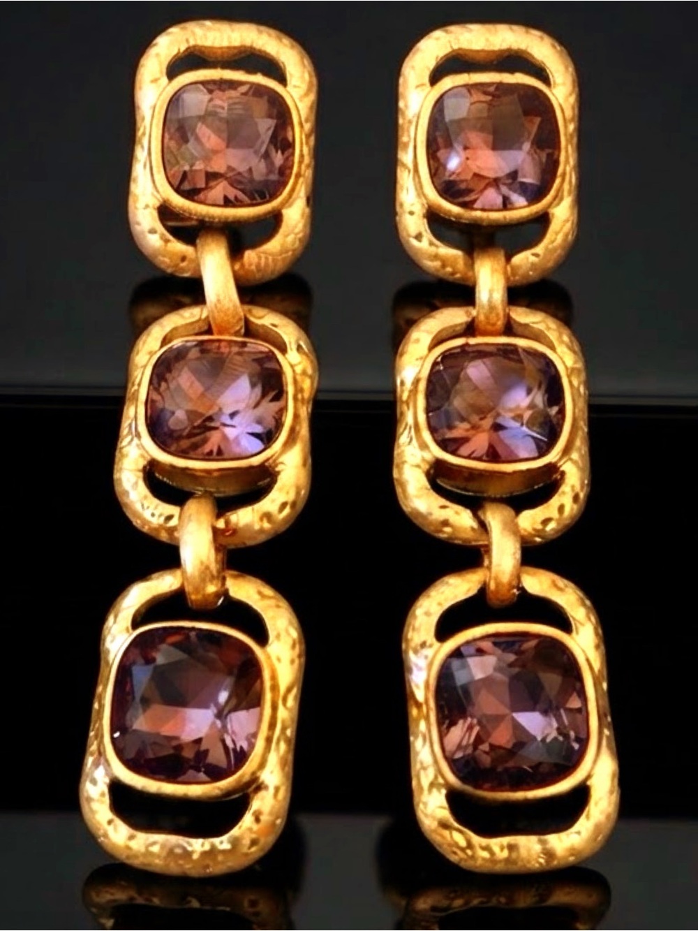OSCAR DE LA RENTA Amethyst Crystal Earrings✨Gold Triple Drop Rectangles ✨CLIP ON - Picture 14 of 14
